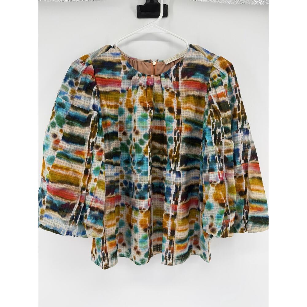 Marie Oliver Abstract Watercolor Print Linen Silk Blouse Spring Medium